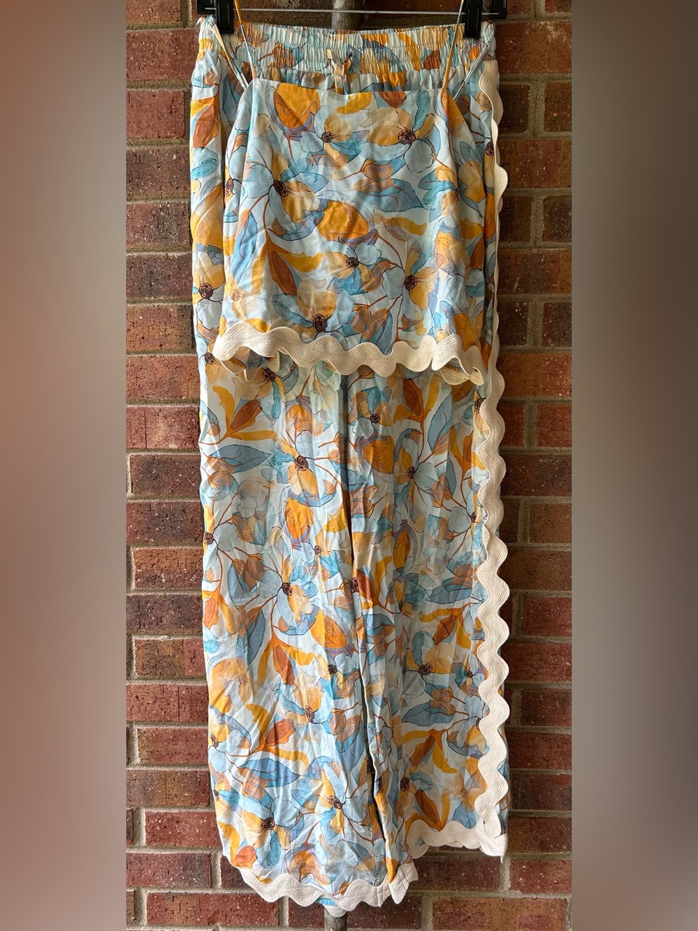 entro Floral Crop Top in Light Blue, Mustard & Cream with matching pants